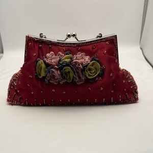 Elegant Red Satin beaded Floral Clutch